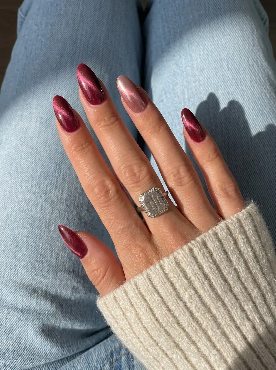 Cranberry and Rose-Gold Cat-Eye Nails