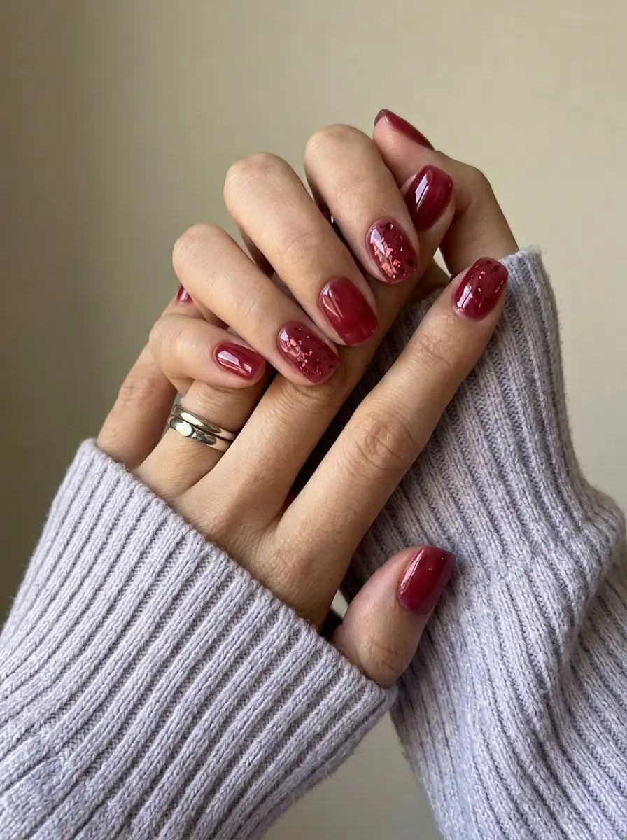 Cranberry Nails With Glitter Accents