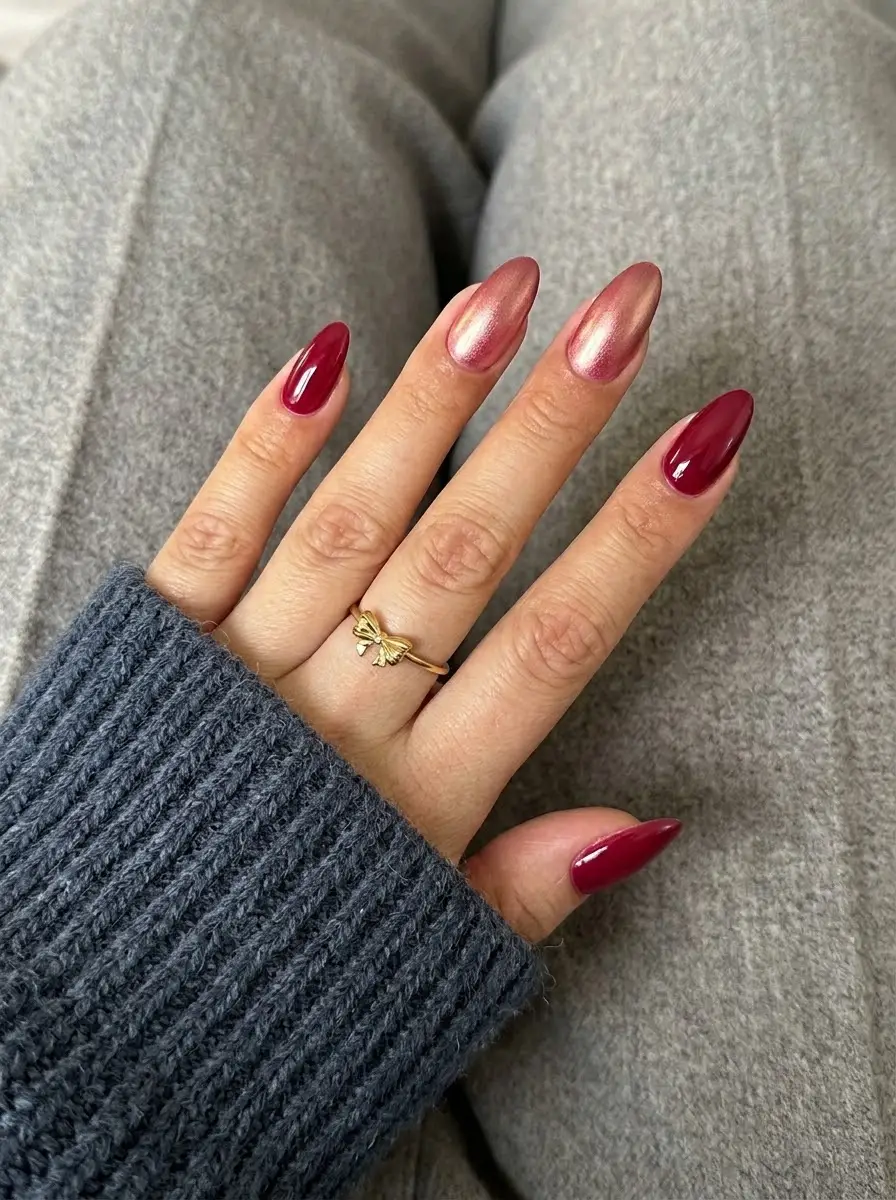Cranberry Nails With Rose-Gold Accents