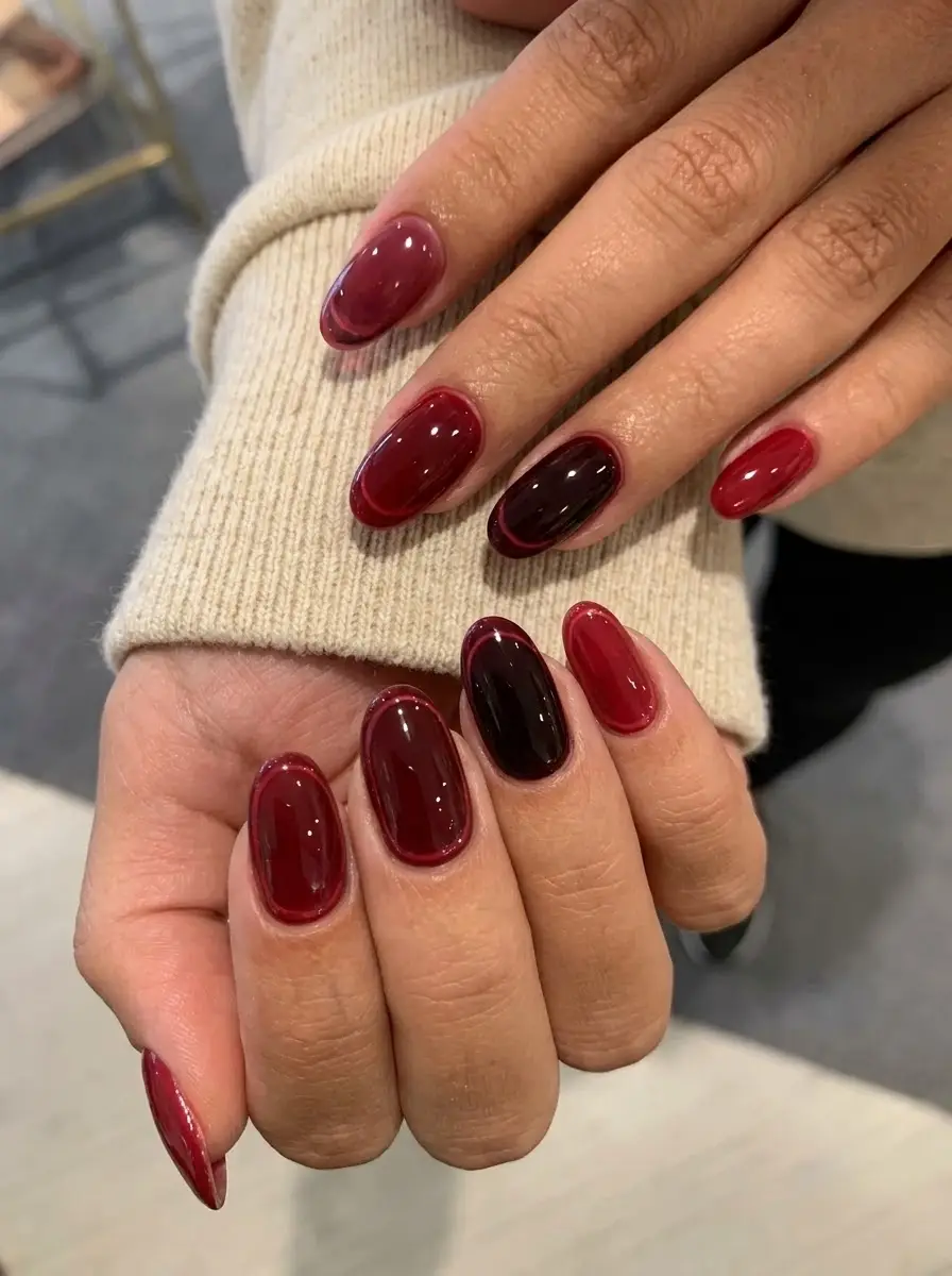 Dark Cranberry Outline French Nails