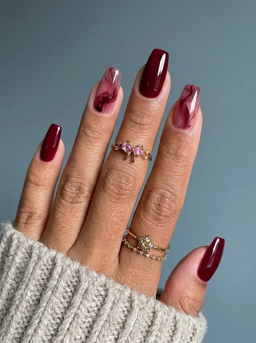 Smoky Cranberry Marble Nails