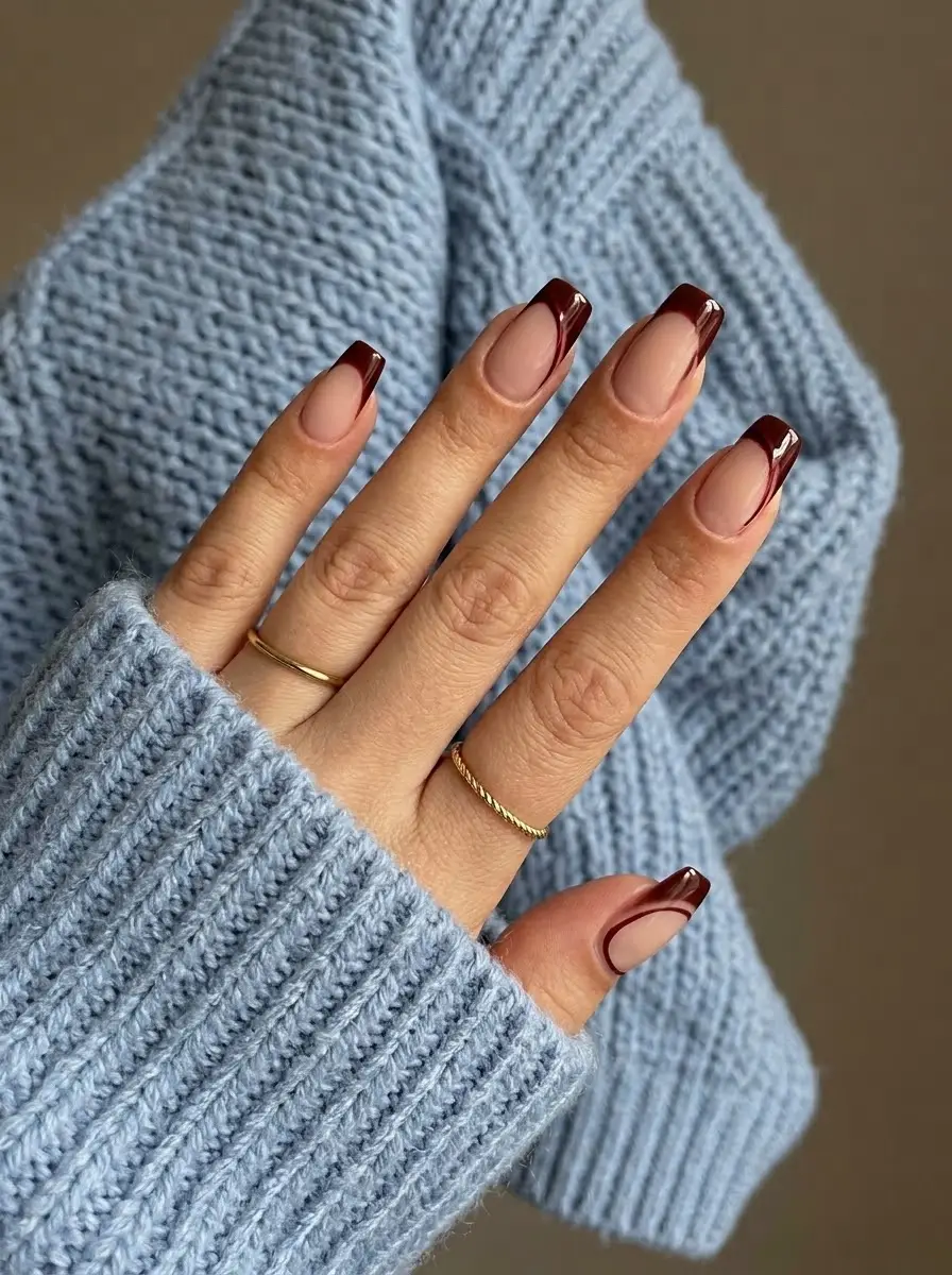 Sheer Nude Nails with Deep Red French Tips