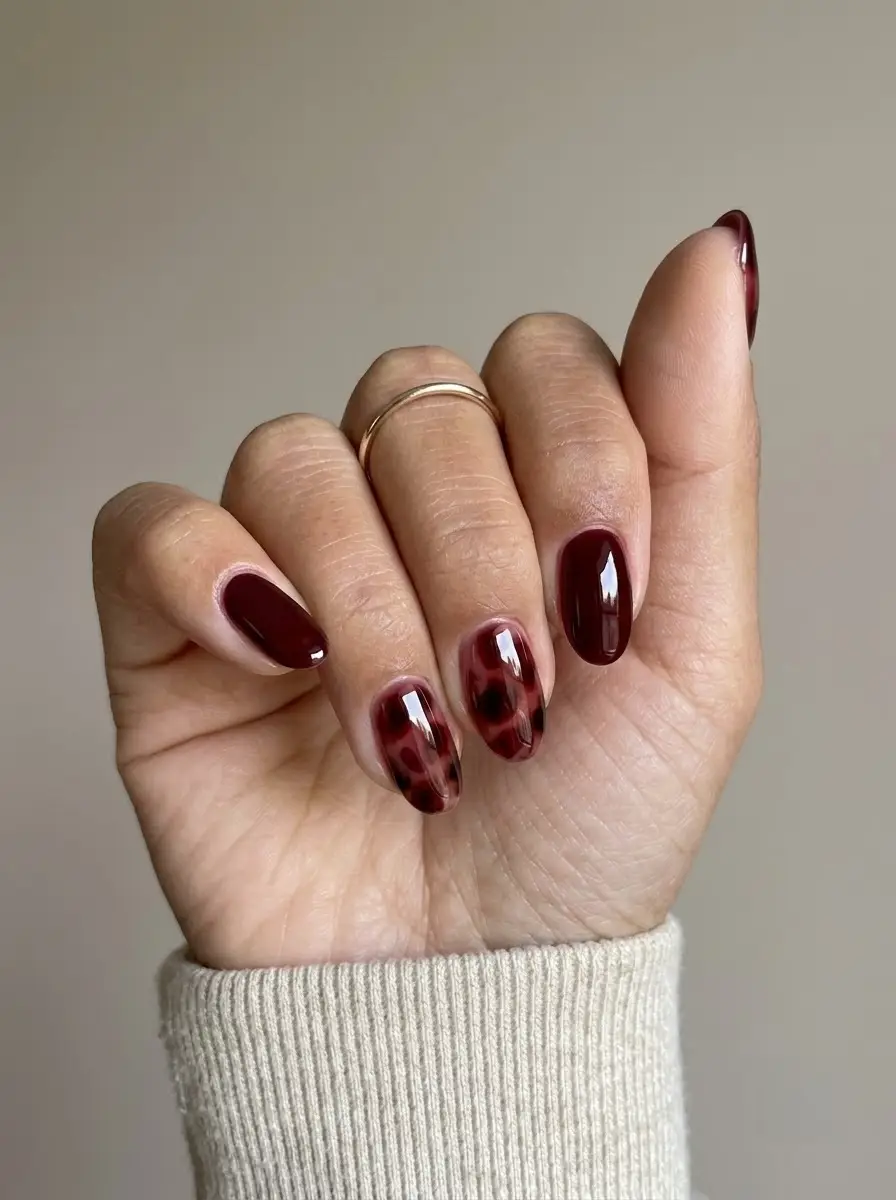 Glossy Deep Red Tortoiseshell Nails