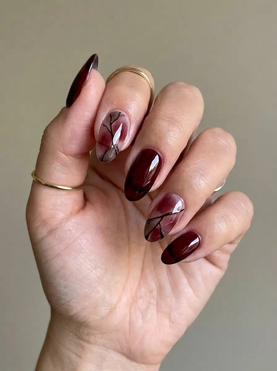 Deep Red Nails with Delicate Branch Line Art