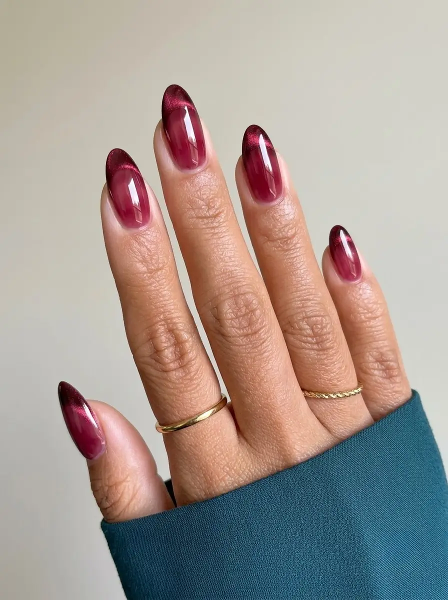 Sheer Burgundy Cat-Eye Nails