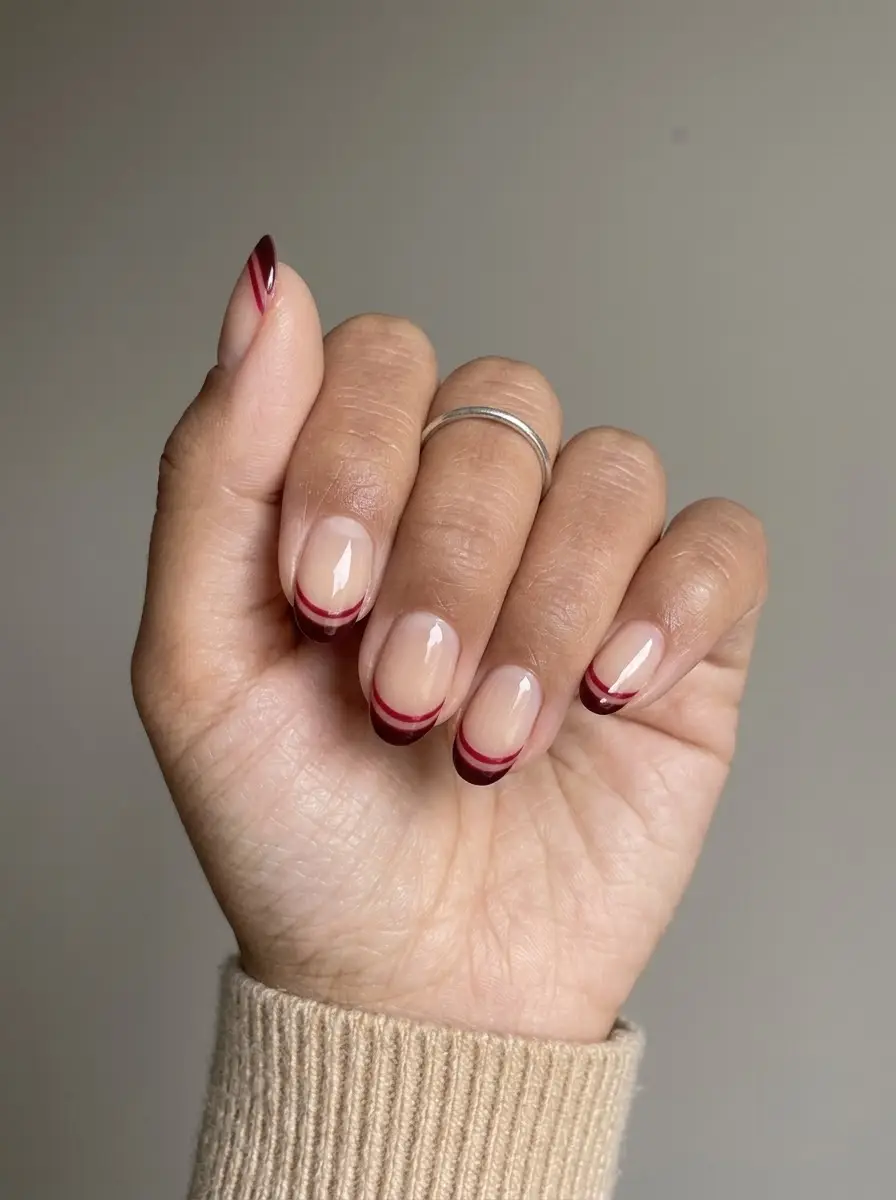 Double-Line Deep Red French Nails