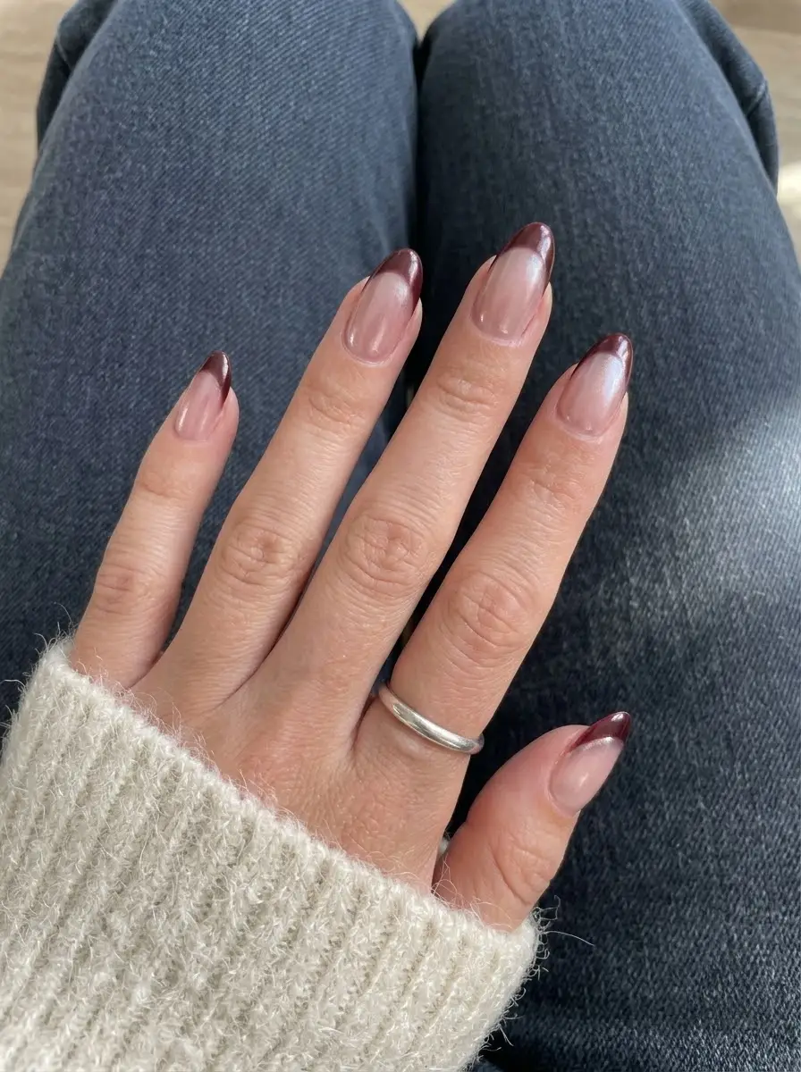 Sheer Nude Nails with Angled Wine Red Tips