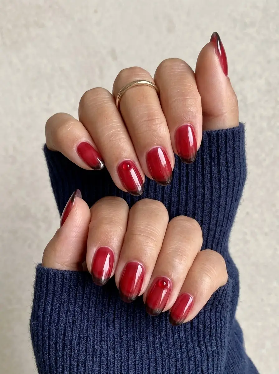 Glossy Red Ombre Nails with Dark Cherry Tips