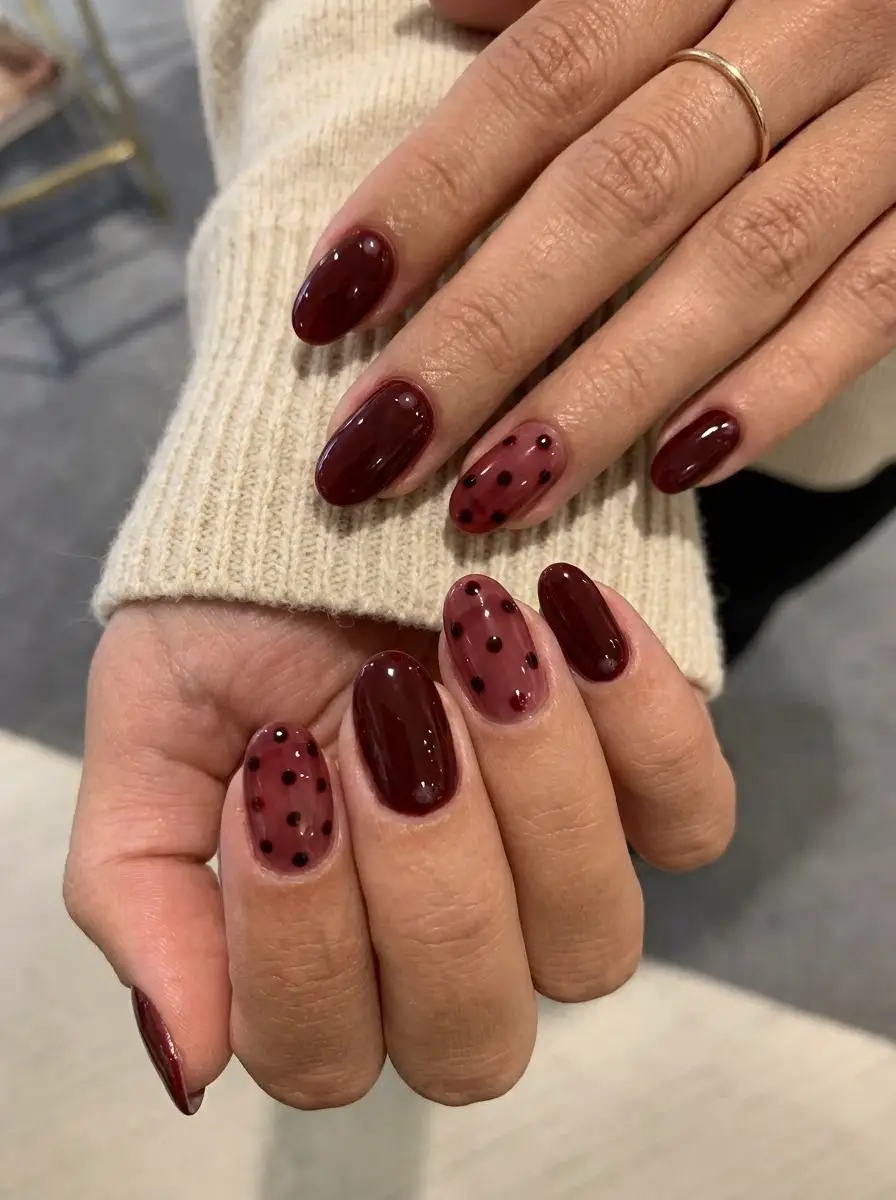 Glossy Deep Red Nails with Sheer Polka Dot Accents