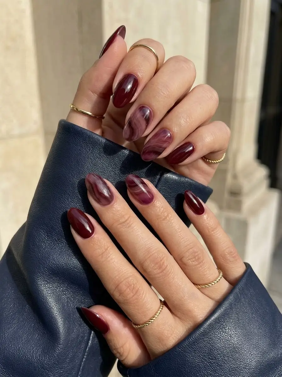 Deep Burgundy Nails with Smoky Marble Swirls