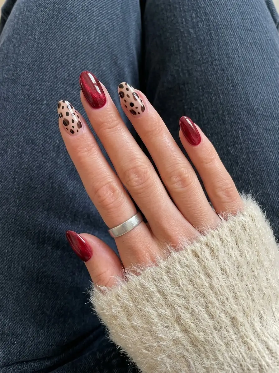 Deep Red Nails with Leopard Print Accents