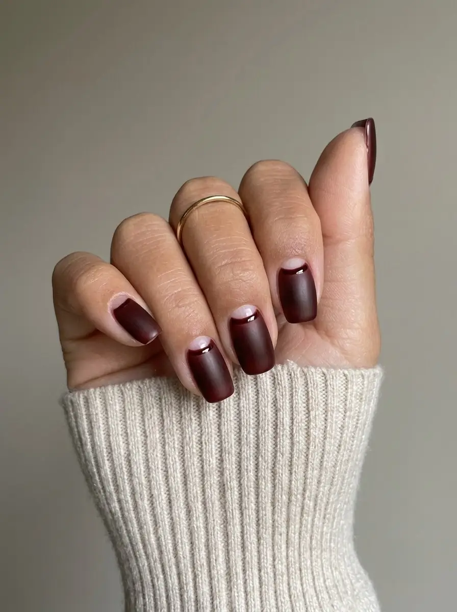 Matte Deep Red Half-Moon Nails