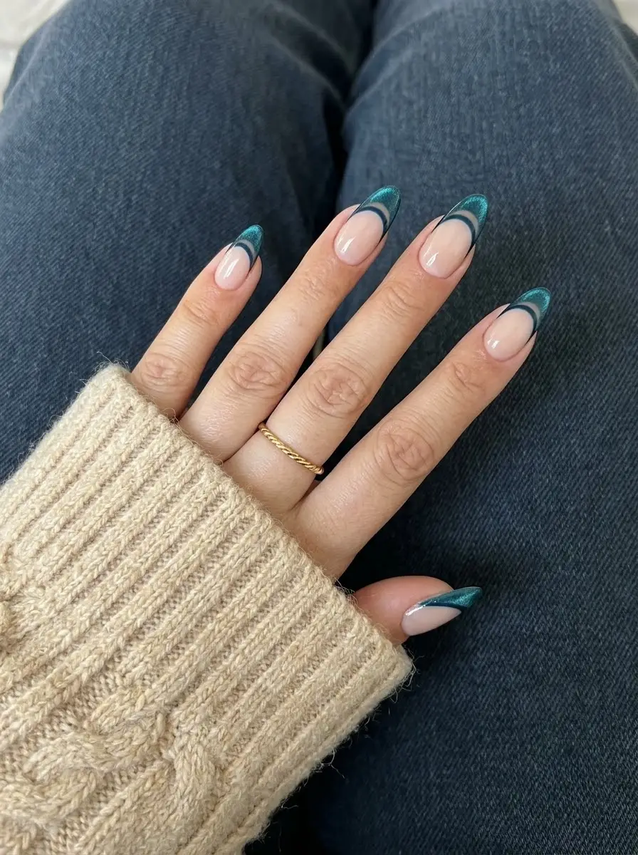 Sparkling Teal Double French Manicure