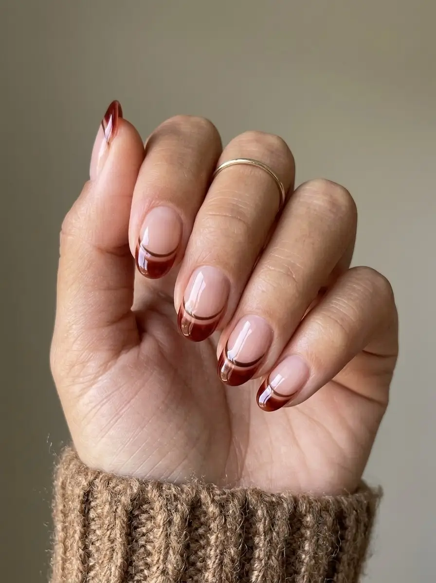 Rich Chocolate Brown French Tips with Copper Lines