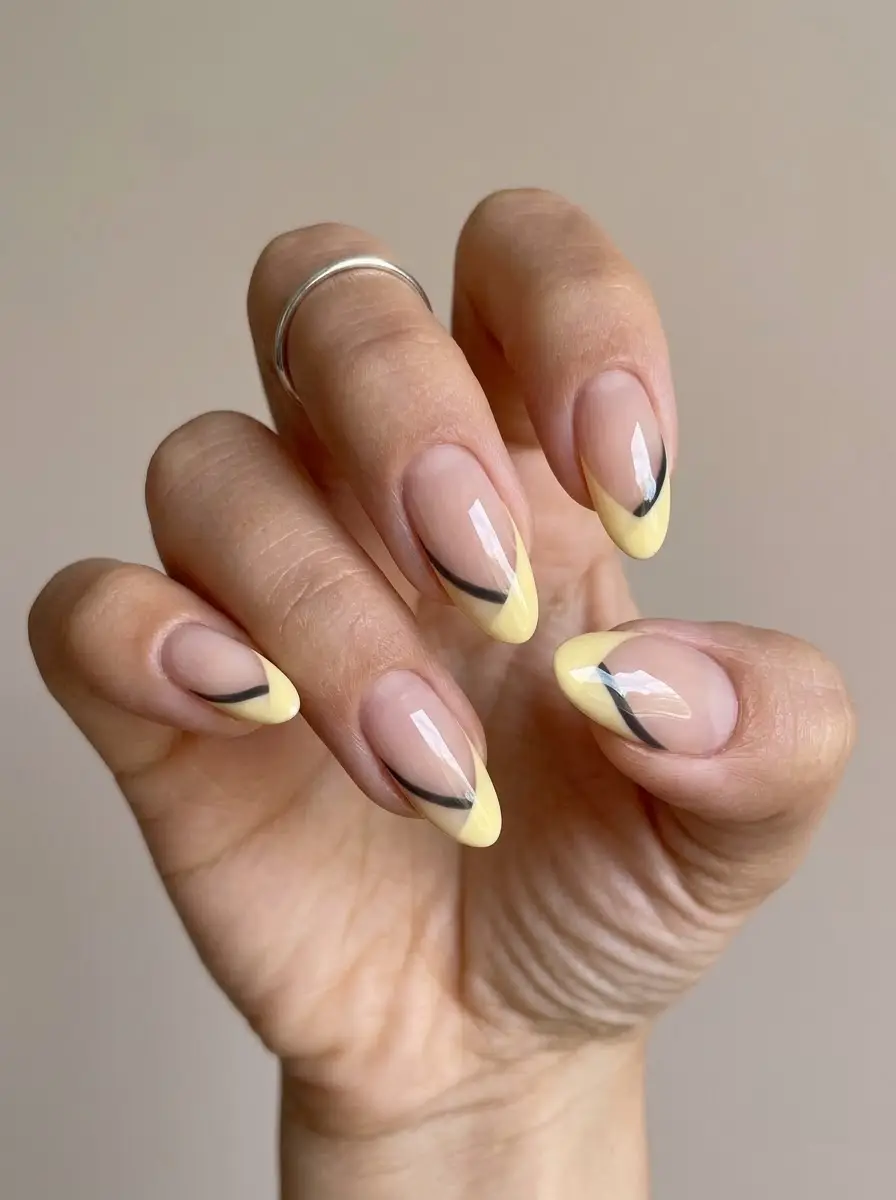Butter Yellow Double French Tips with Black Accents