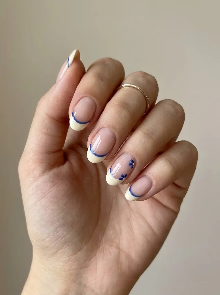 White Double French Tips with Blue Floral Accents