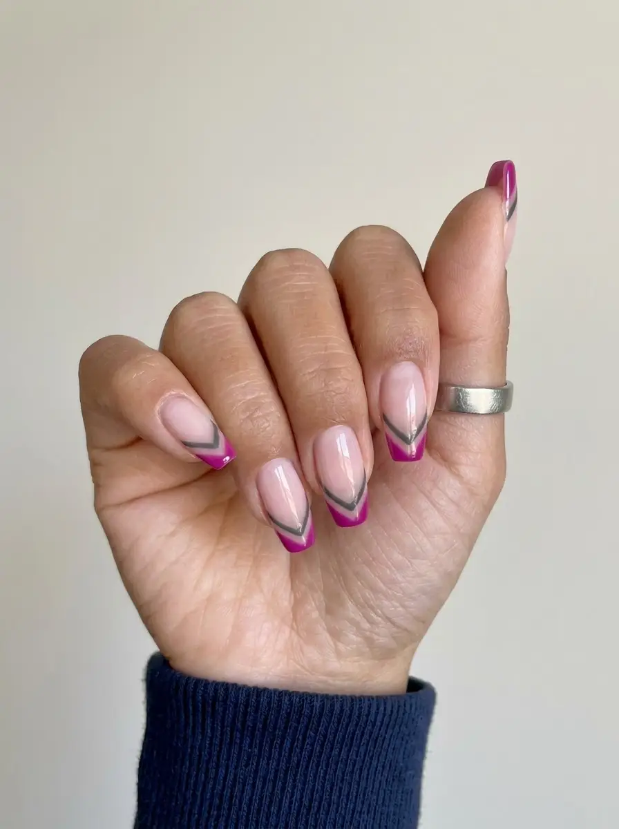 Magenta French Tips with Smoky Gray Chevron Lines