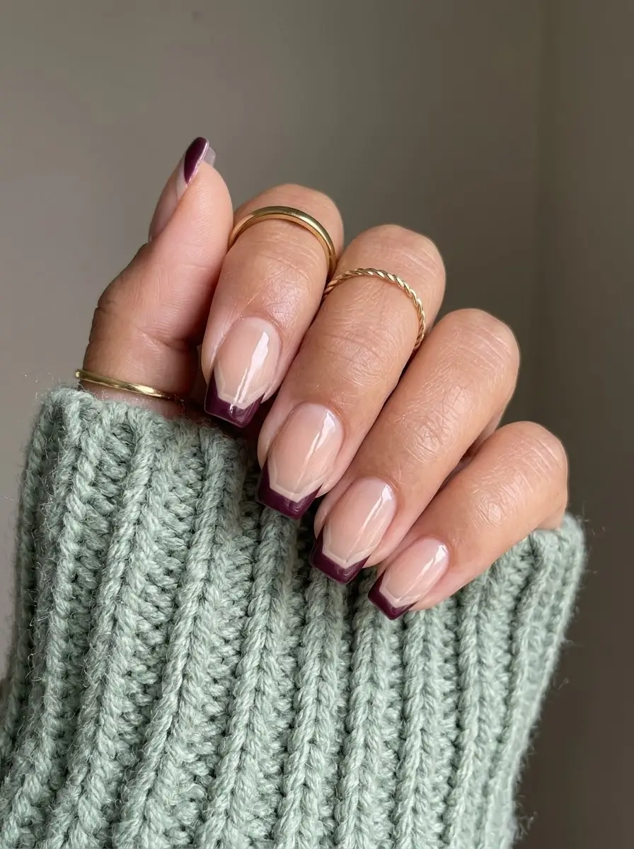 Deep Plum Double French Tips with Wavy Lines