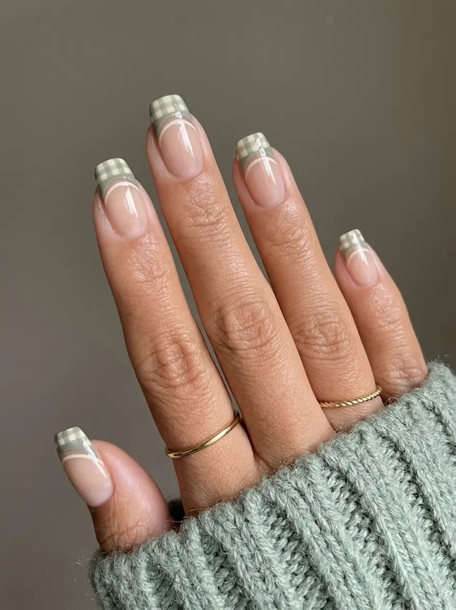 Sage Green Gingham Double French Tips