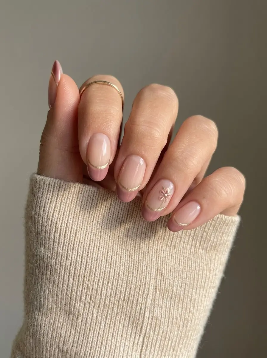 Dusty Pink French Tips with Gold Lines and Floral Details