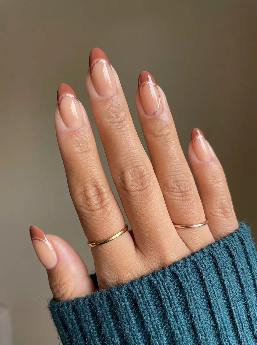 Terracotta Brown French Tips with Rose Gold Accents