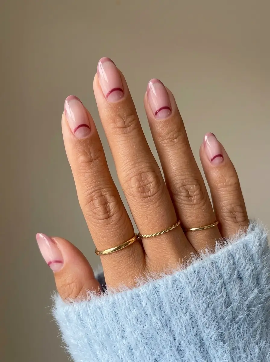 Soft Pink French Tips with Dark Pink Half-Moon Lines