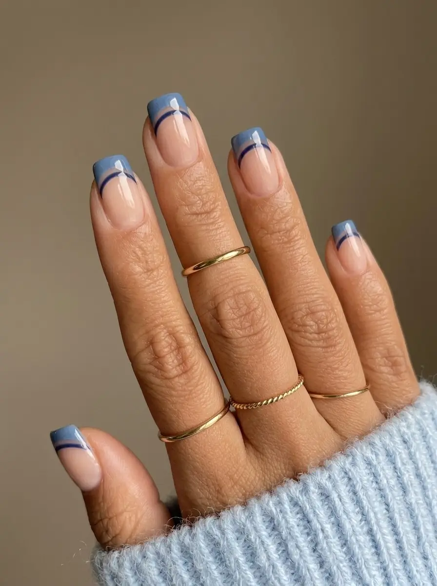 Dusty Blue Double French Tips with Navy Lines
