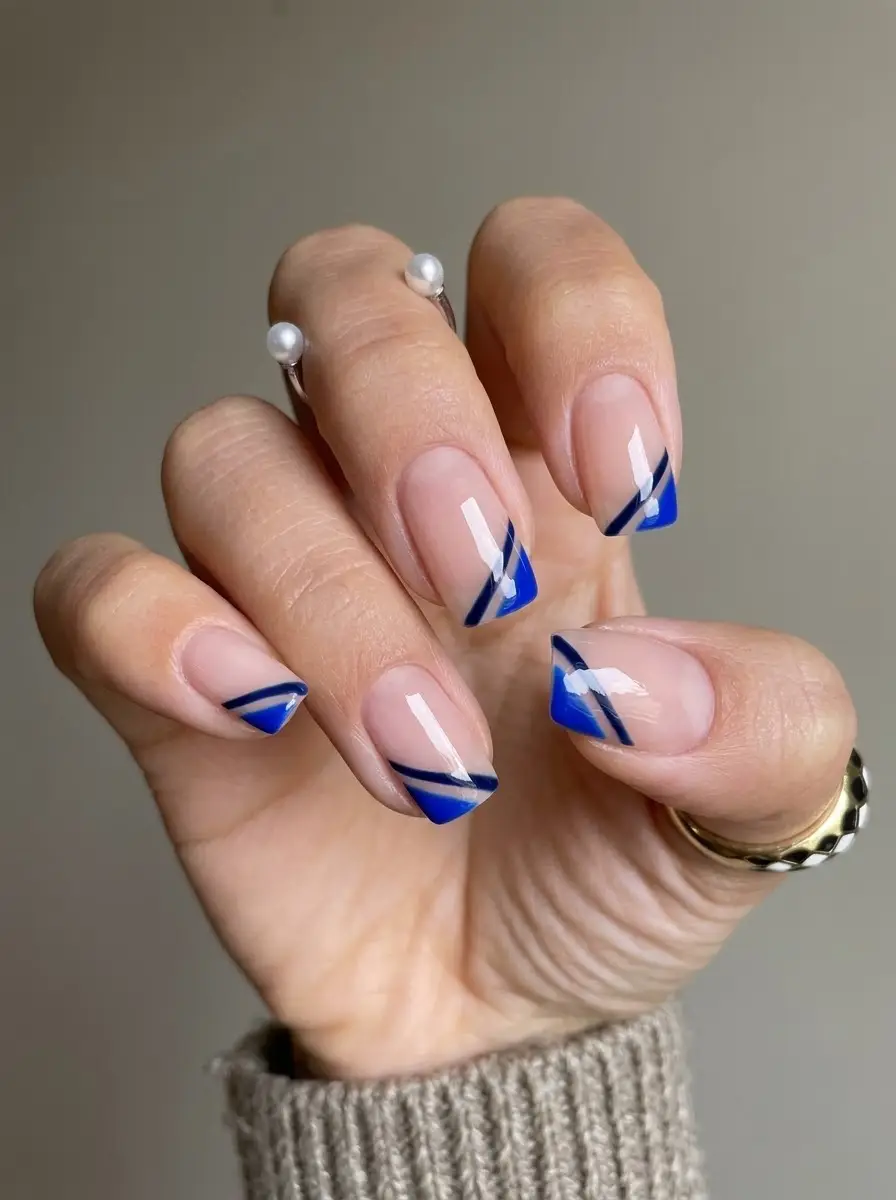 Cobalt Blue Geometric Double French Tips