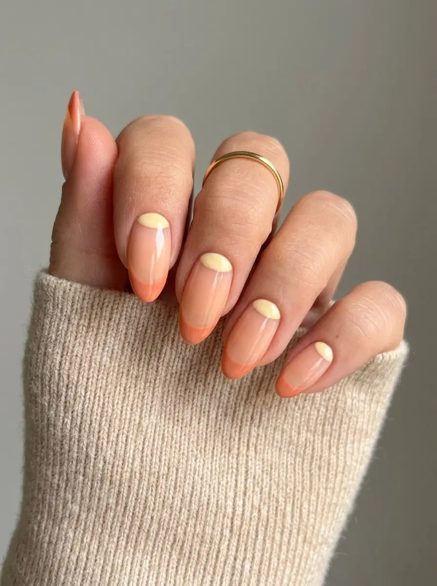 Peach French Tips with Pastel Yellow Half Moons