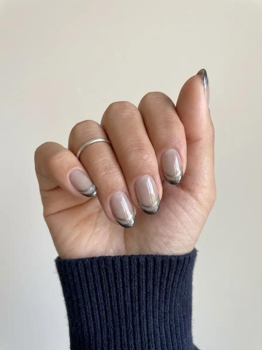 Charcoal French Tips with Silver Double Lines