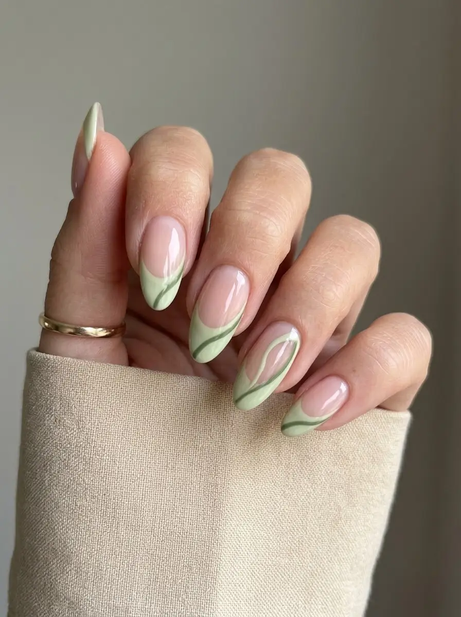 Sage Green Double French Tips with Flowing Lines