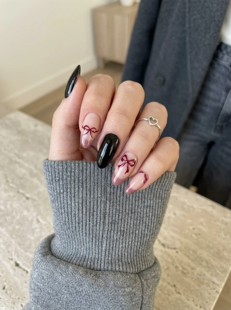 Black and Burgundy Bows - Black and nude almond nails with burgundy bow accents
