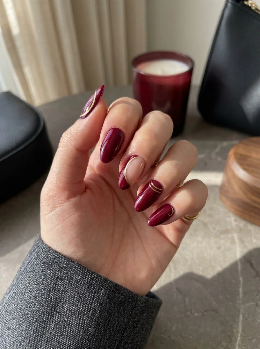 Burgundy and Gold Curves - Deep burgundy almond nails with gold curved line accents
