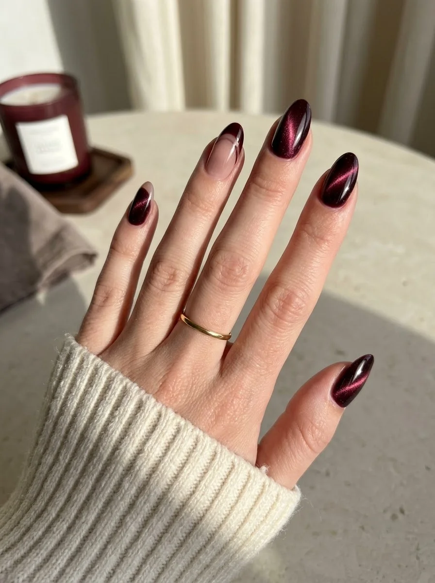 Burgundy Velvet Cat-Eye - Deep burgundy cat-eye almond nails with French tip accent