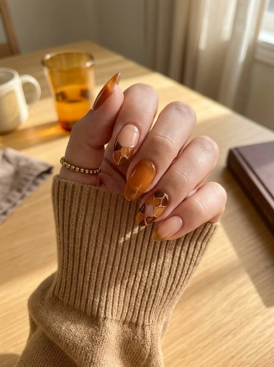 Amber Honeycomb - Nude almond nails with amber and brown geometric patterns