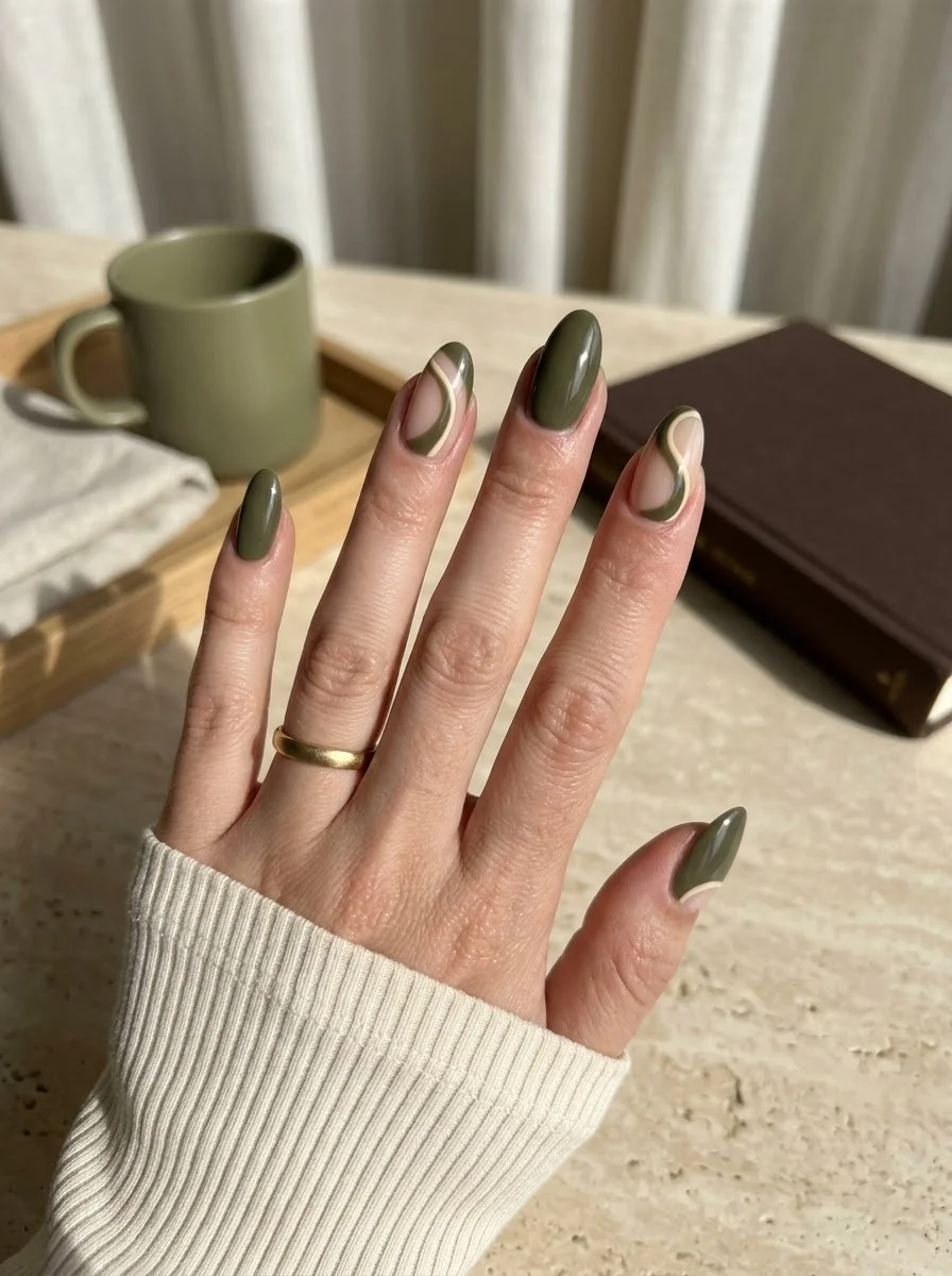 Olive Abstract Waves - Olive green almond nails with white and nude swirl accents