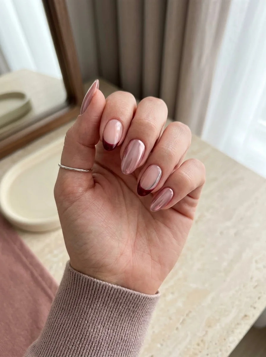 Burgundy Chrome French - Nude almond nails with burgundy French tips and rose gold chrome