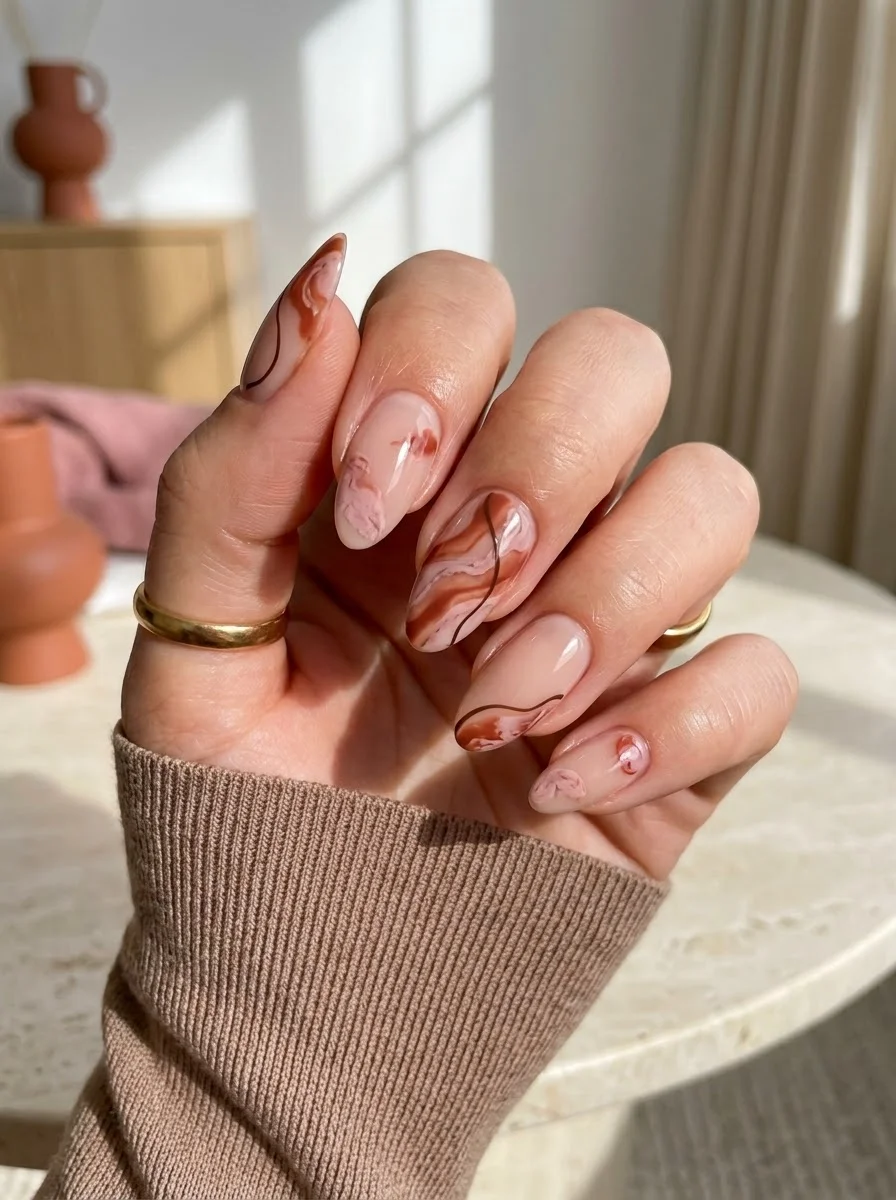 Rust Marble Swirls - Nude almond nails with brown and rust marble designs