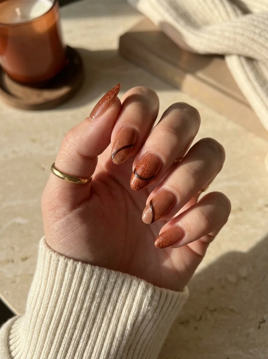 Copper Glitter Swirls - Copper glitter almond nails with dark brown swirl accents