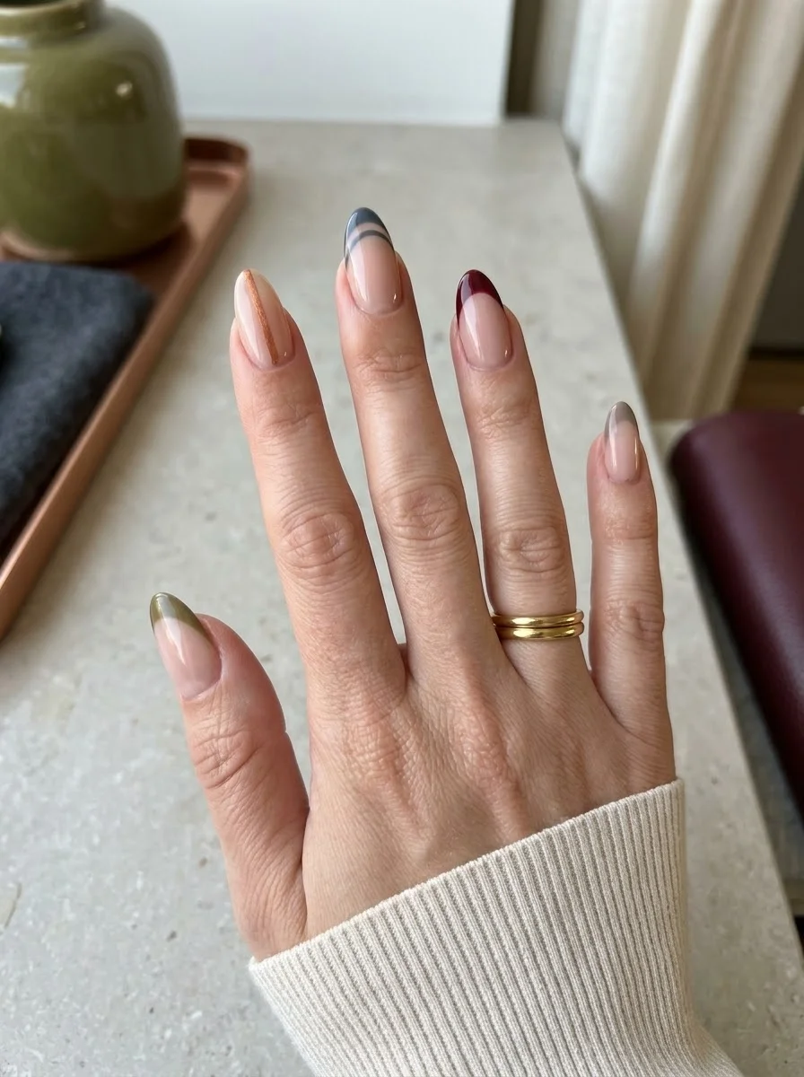 Mixed-Tip Autumn - Nude almond nails with olive, slate, and burgundy abstract French tips