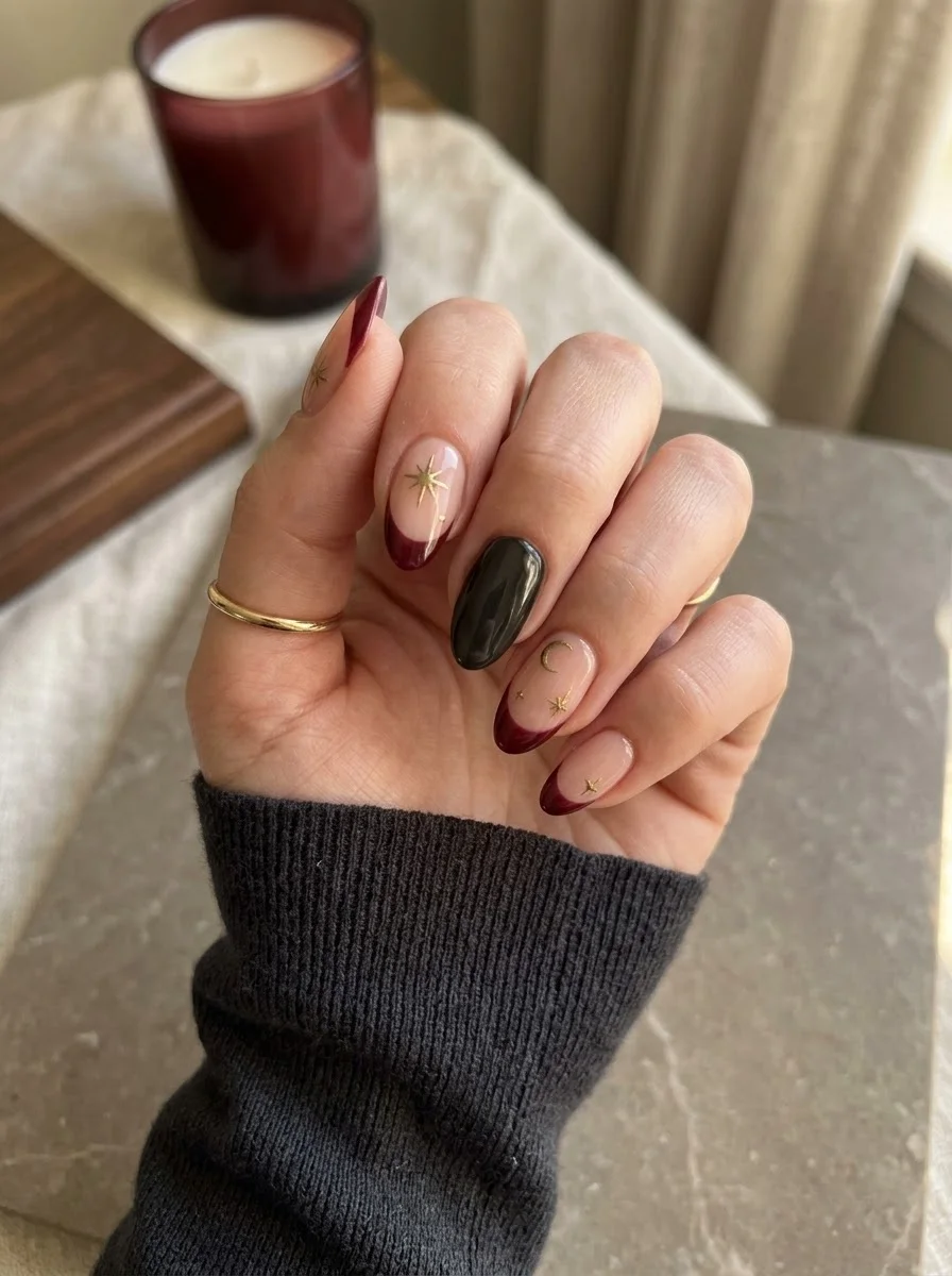Celestial Burgundy - Nude almond nails with burgundy French tips, gold moons and stars