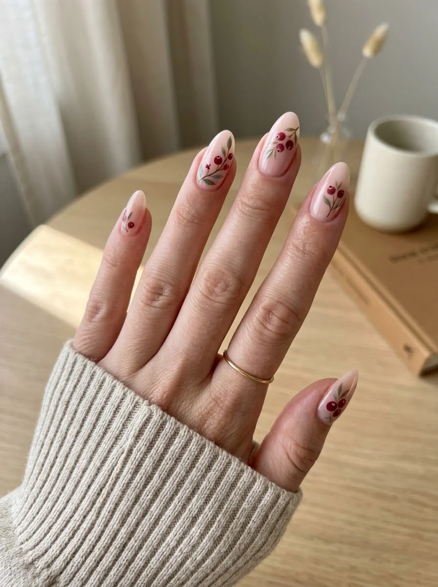 Winterberry Branches - Nude almond nails with red berry and green leaf botanical art