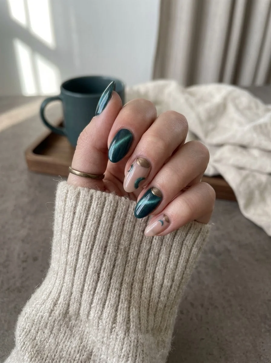 Teal Cat-Eye Moons - Teal cat-eye and nude almond nails with gold moon and star accents