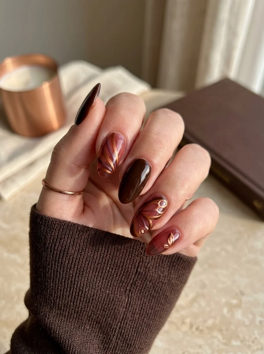 Chocolate Marble and Gold Leaf - Dark brown almond nails with marble swirls and gold leaf