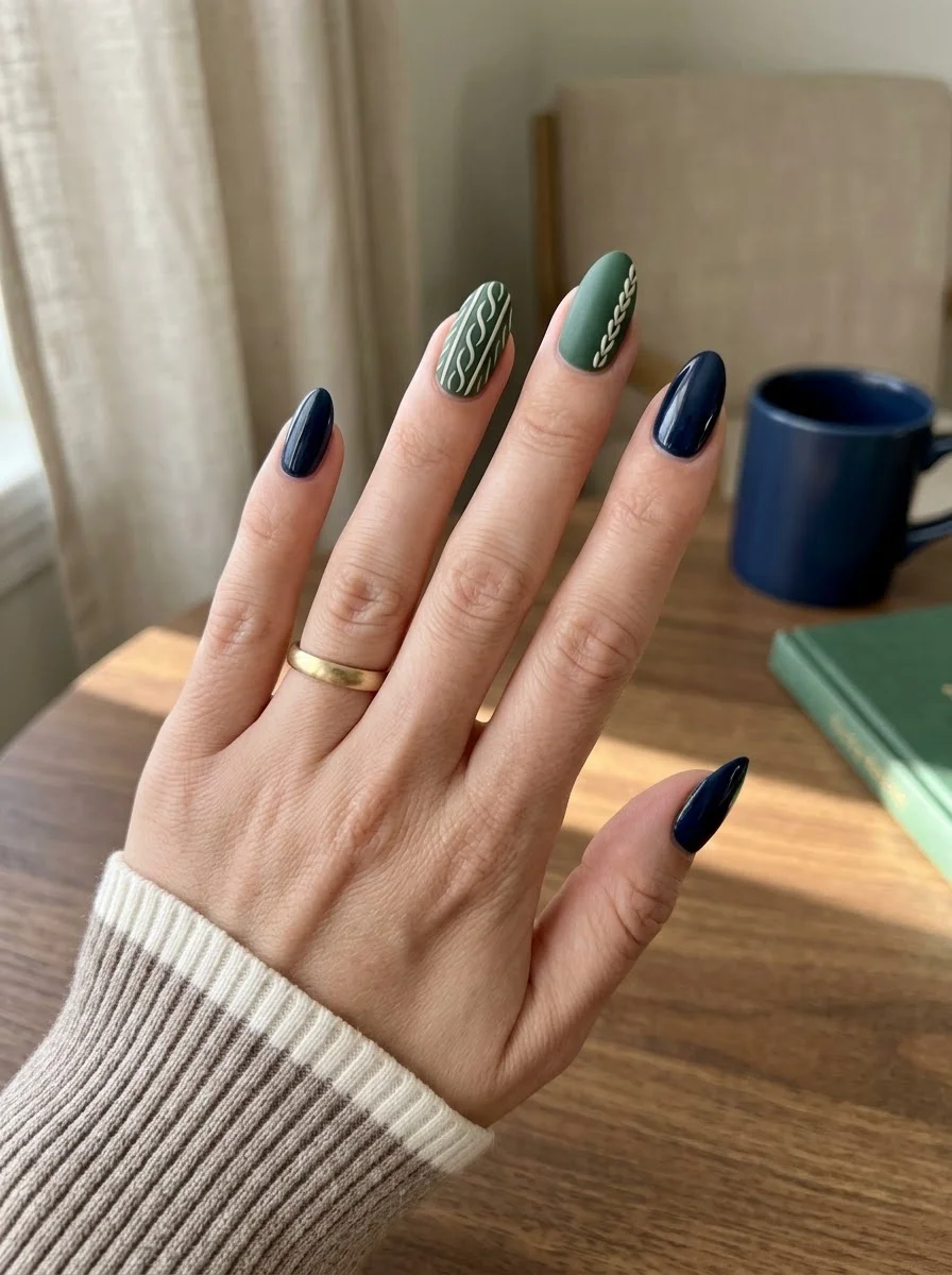 Navy and Sage Cable Knit - Navy blue and sage green almond nails with cable knit texture