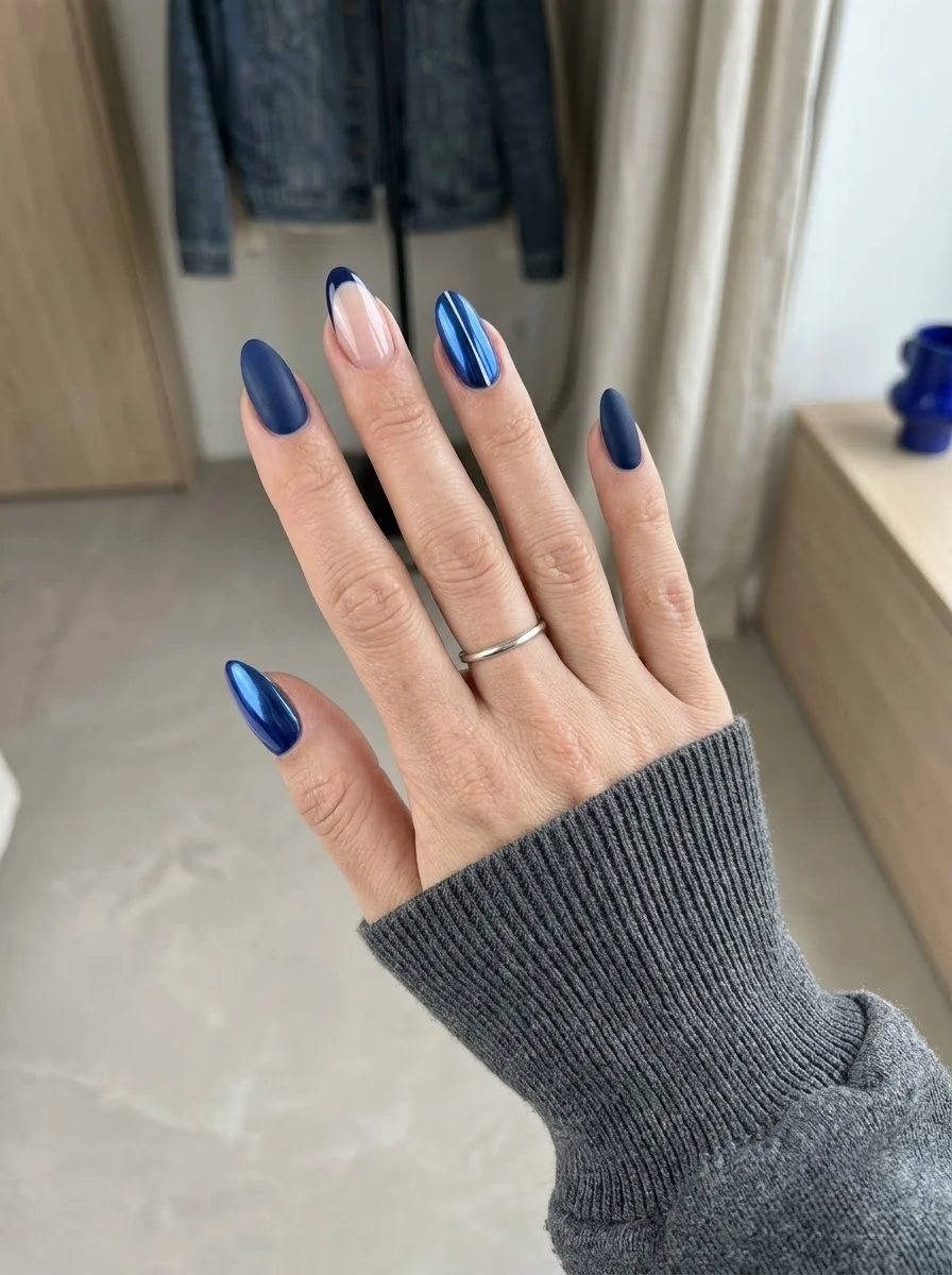 Matte Navy with Chrome Tip - Matte navy blue almond nails with shiny navy French tip