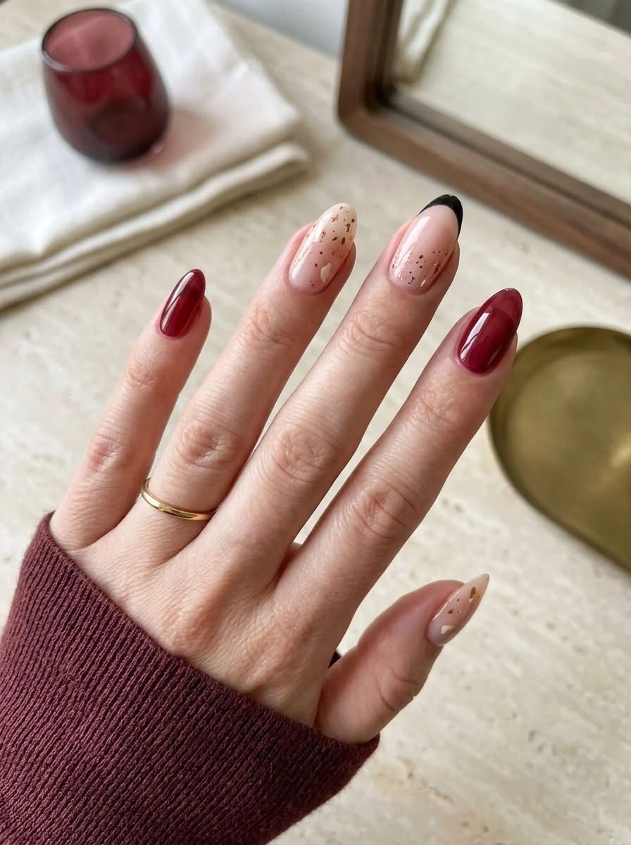 Burgundy Tips with Gold Speckles - Nude almond nails with burgundy French tips and gold flecks
