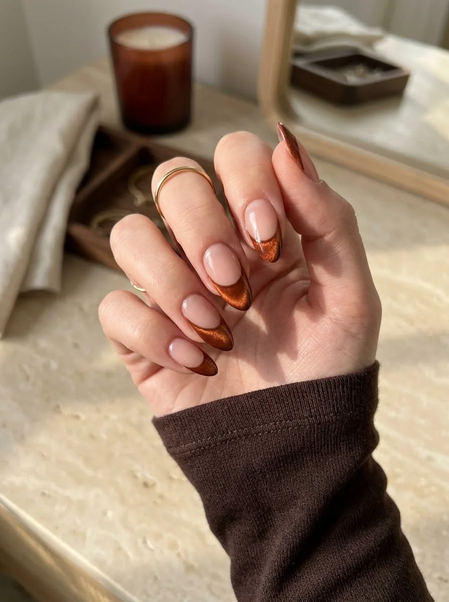 Copper French Tips - Nude almond nails with shimmering copper French tips