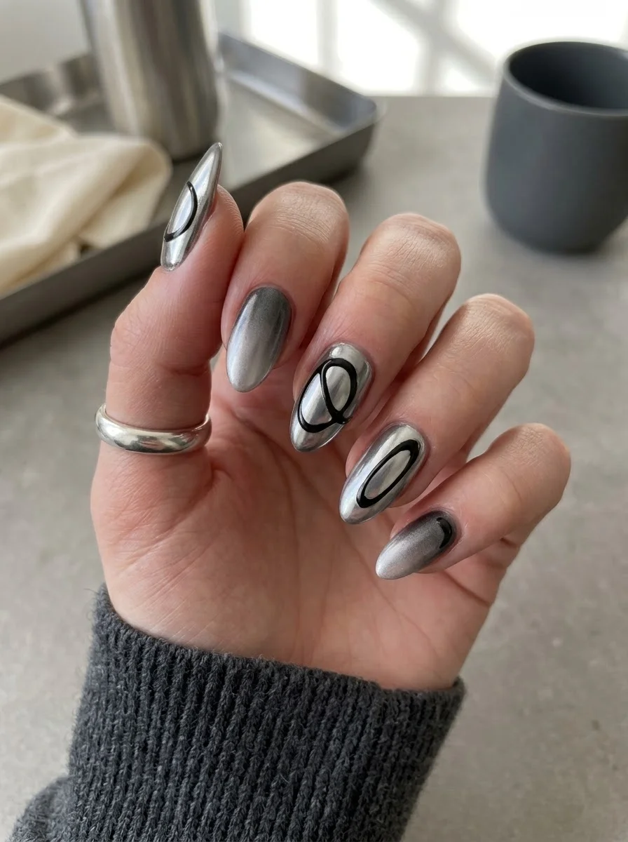 Silver Chrome Abstract - Silver chrome almond nails with black abstract line designs