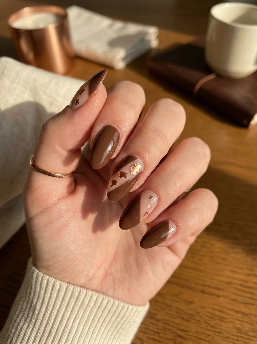 Brown Negative Space with Gold Leaf - Nude and brown almond nails with gold leaf accents